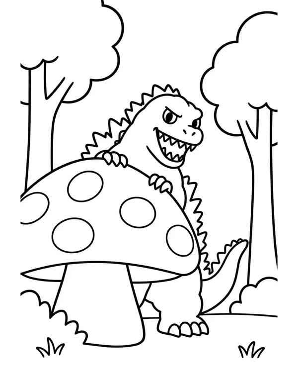 Godzilla behind a giant mushroom coloring page