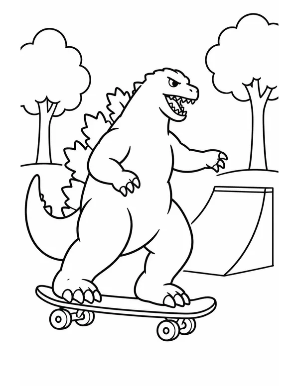Godzilla riding a skateboard coloring page