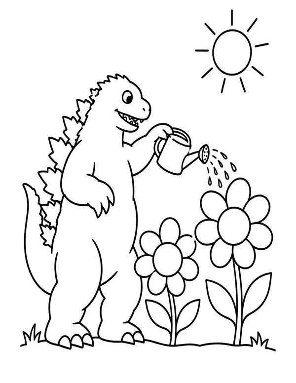 Godzilla watering the flowers coloring page