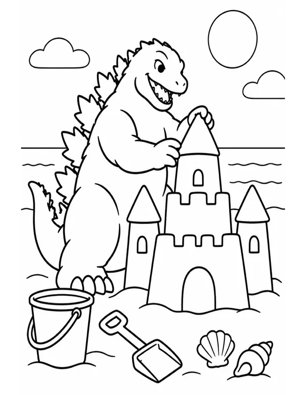 Godzilla building a sandcastle coloring page