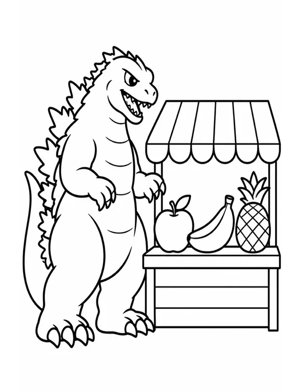 Godzilla at the fruit stand coloring page