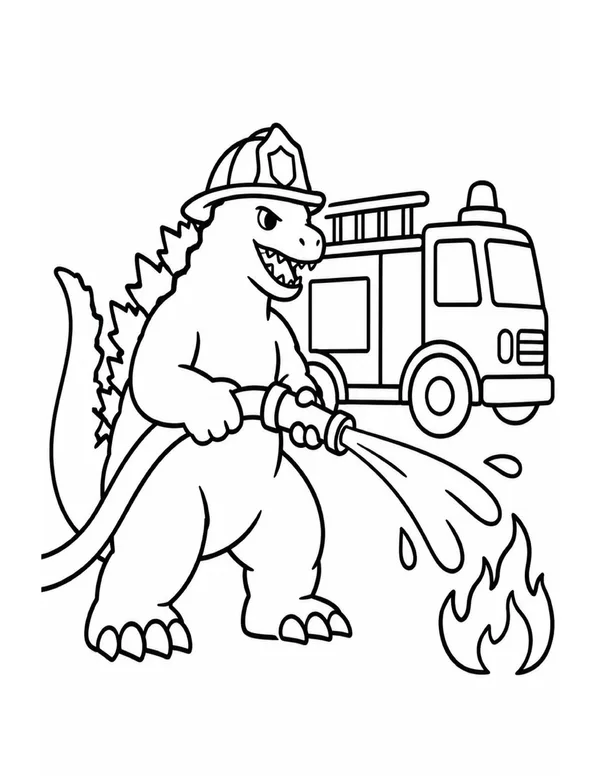Firefighter godzilla with a hose coloring page