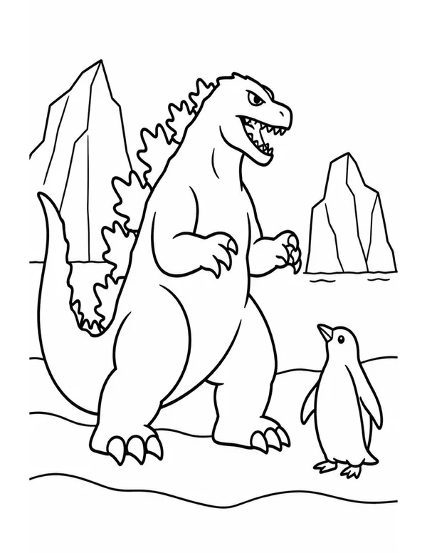 Godzilla meets a penguin on the ice coloring page