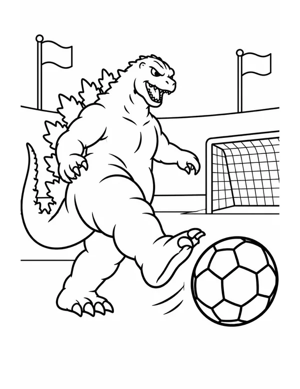 Godzilla kicking a soccer ball coloring page