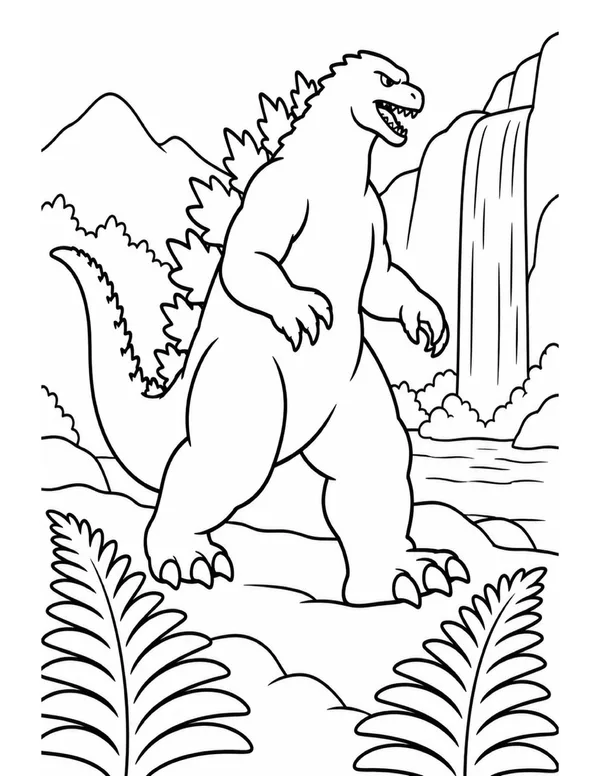 Godzilla by the waterfall coloring page