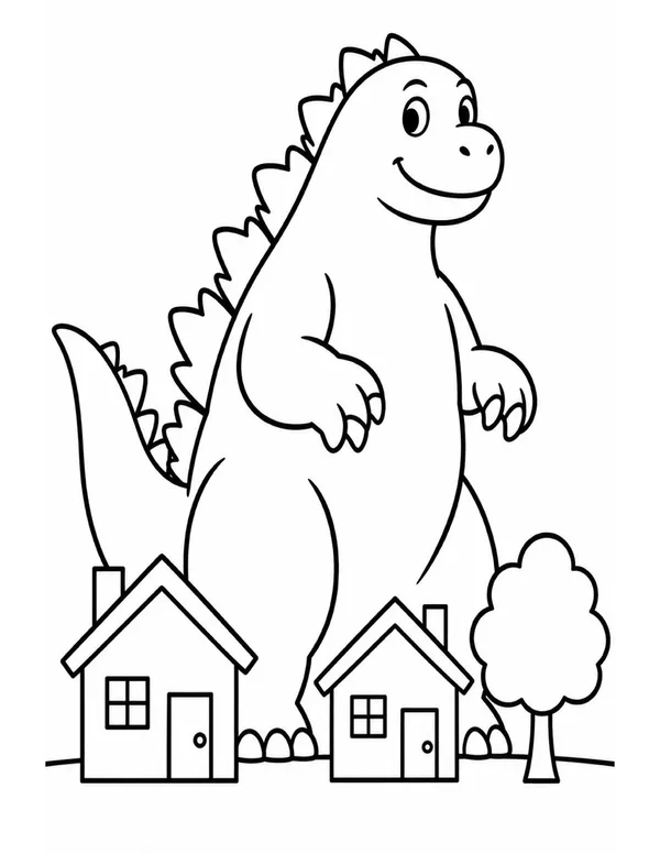 Friendly godzilla towering over houses coloring page