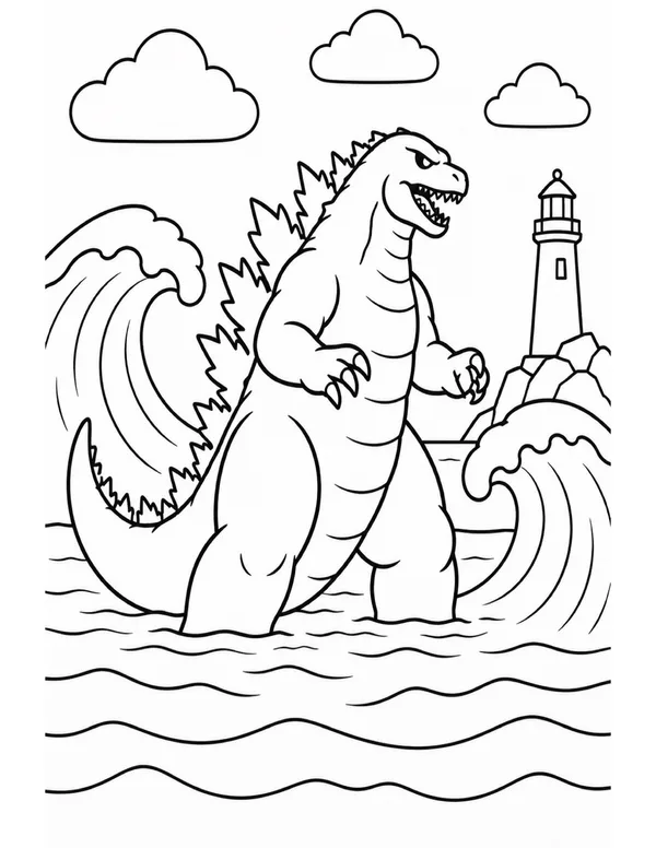 Godzilla in the waves by the lighthouse coloring page