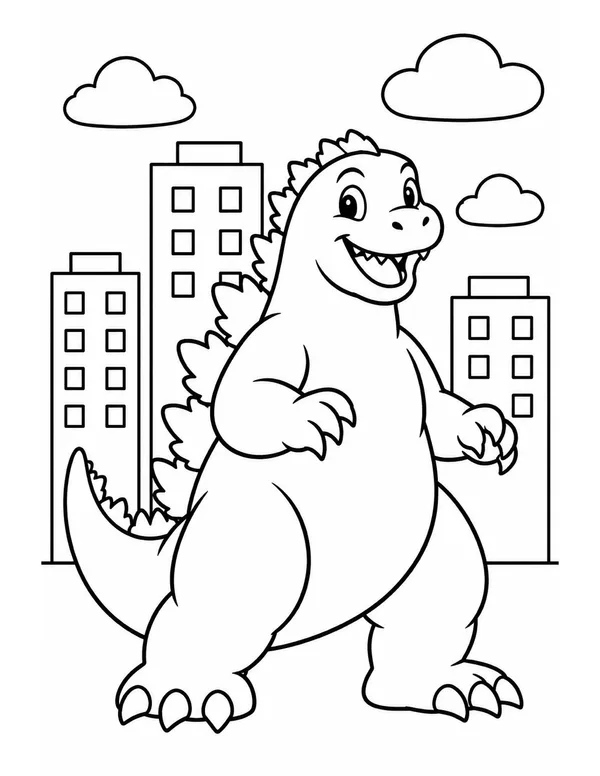 Happy godzilla in the city coloring page