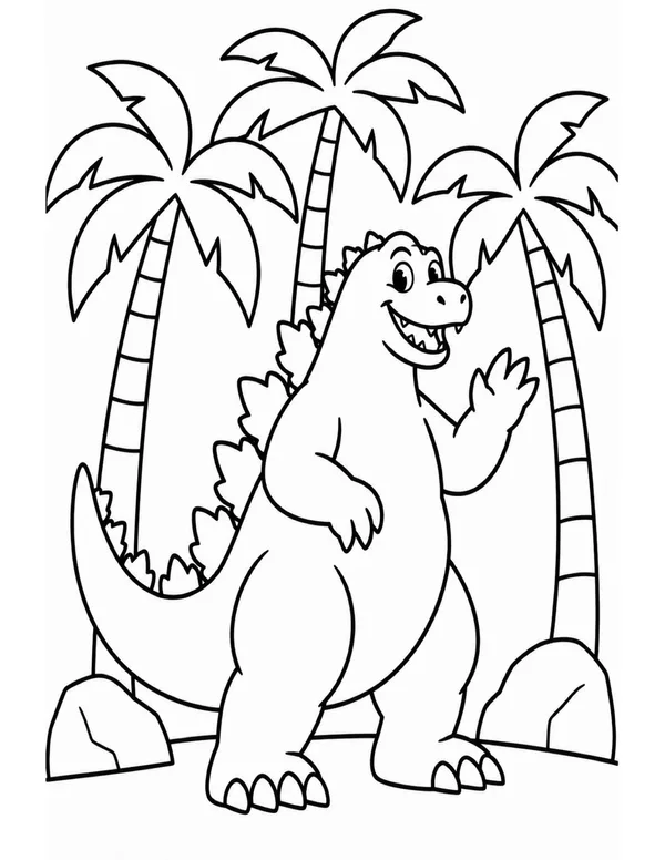 Godzilla waving between palm trees coloring page