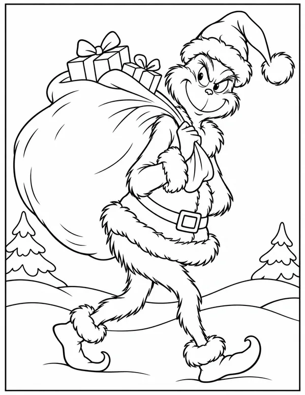 The Grinch carrying a sack of presents coloring page