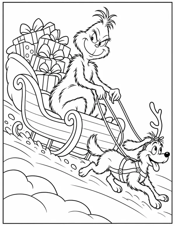 The Grinch and Max on the sleigh coloring page
