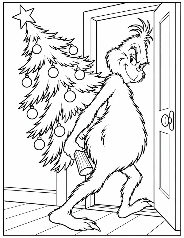 The Grinch stealing the Christmas tree coloring page