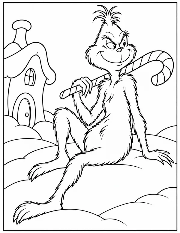 The Grinch with a candy cane coloring page