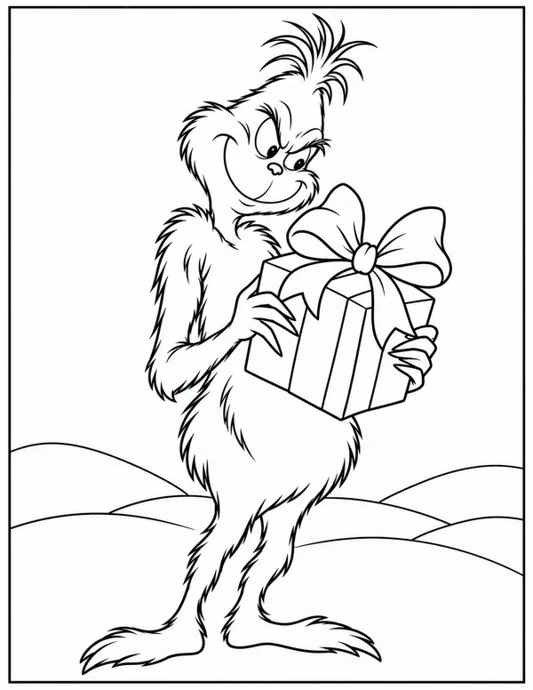 The Grinch holding a present coloring page