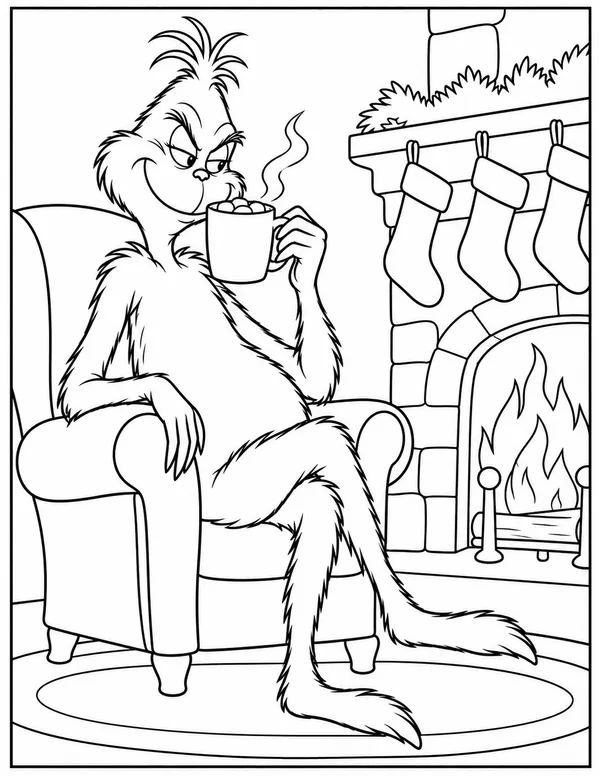 The Grinch drinking hot cocoa coloring page