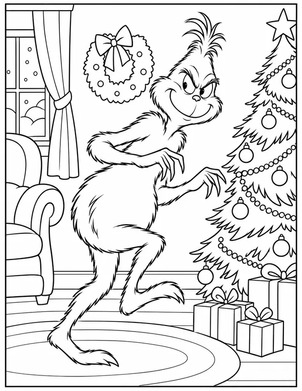 The Grinch sneaking up to the tree coloring page