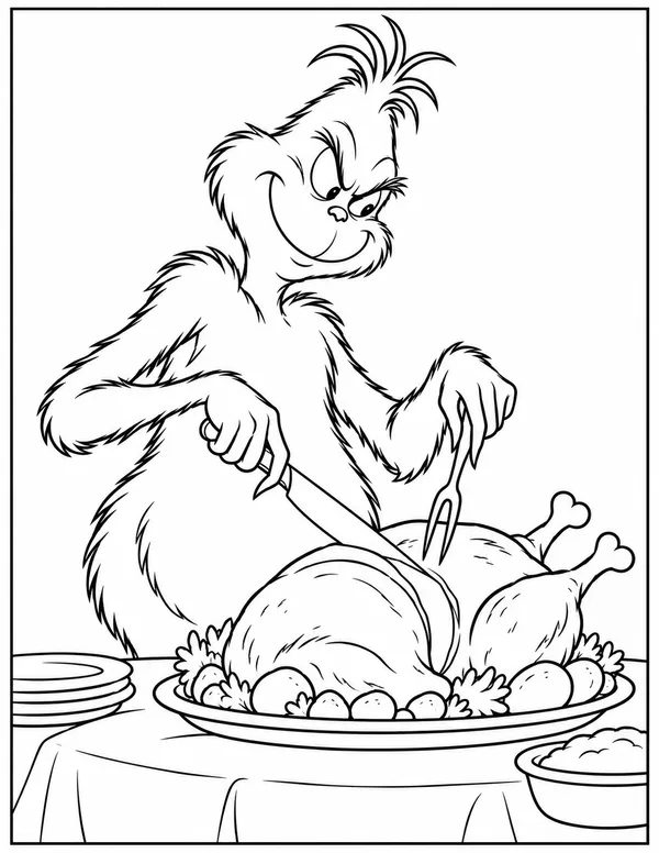 The Grinch carving the roast beast coloring page