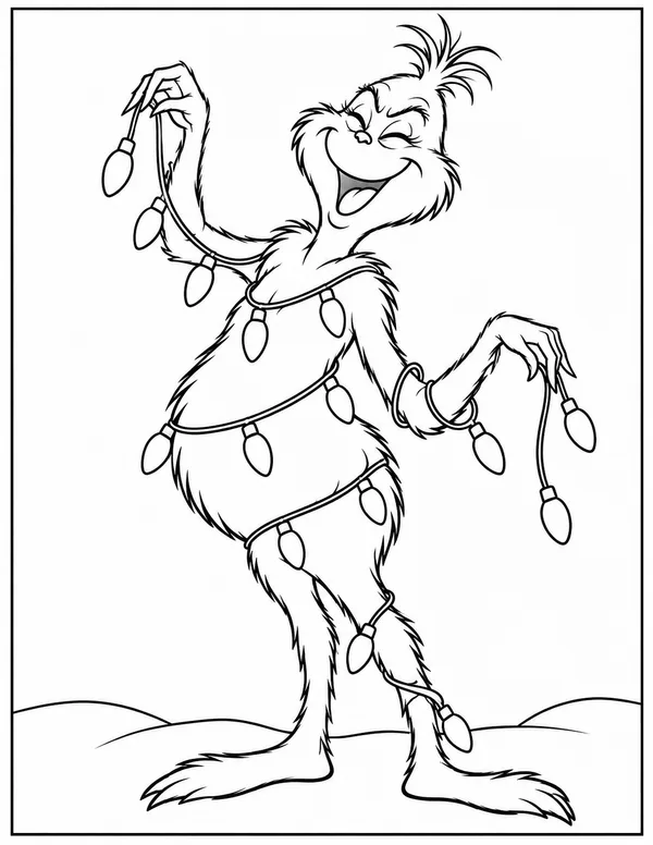 The Grinch tangled in Christmas lights coloring page