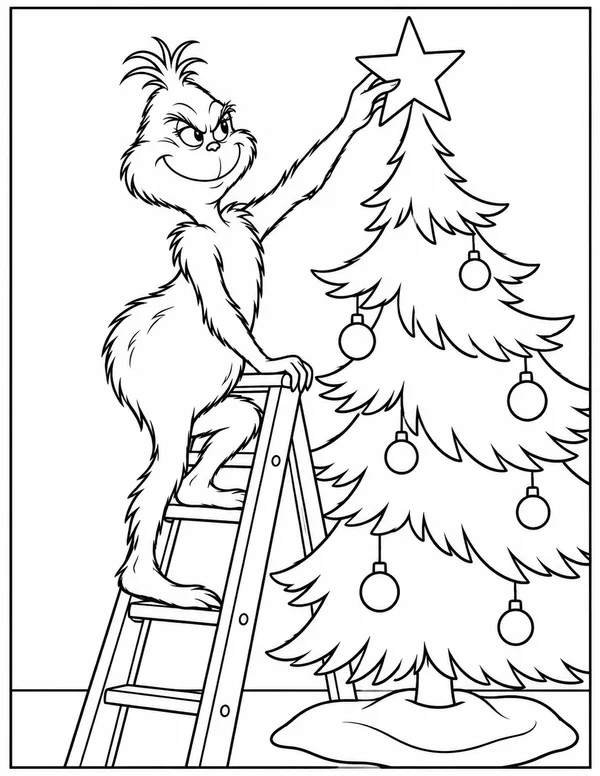 The Grinch putting the star on the tree coloring page