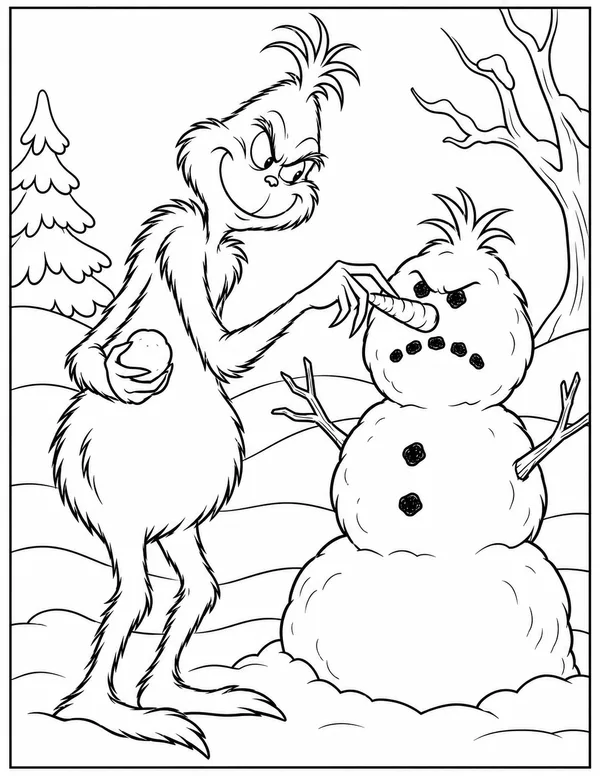 The Grinch building a grumpy snowman coloring page