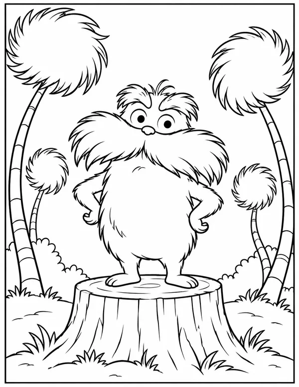 The Lorax on a tree stump coloring page