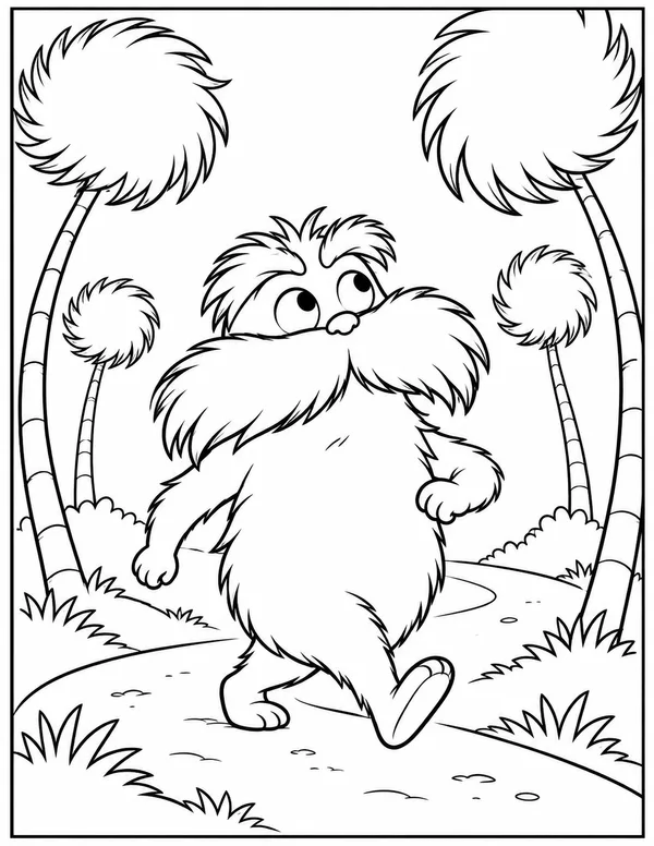 The Lorax walking through the Truffula trees coloring page