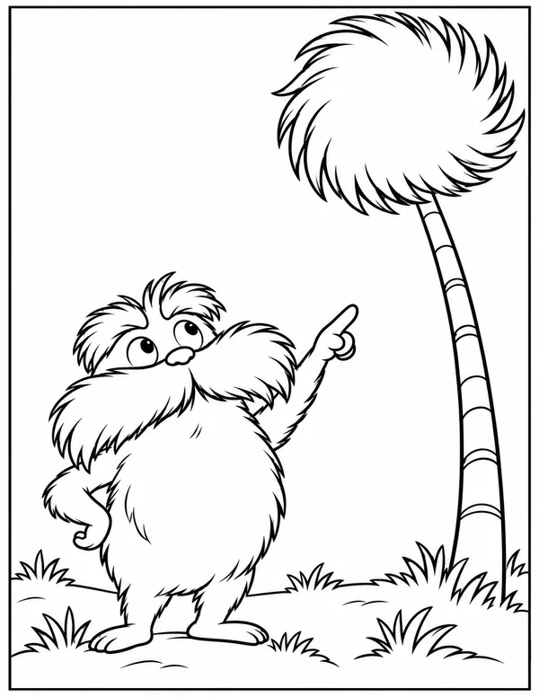 The Lorax pointing at a Truffula tree coloring page