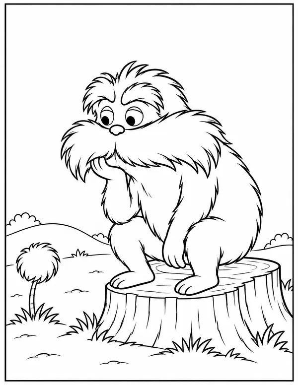 The Lorax thinking on a stump coloring page