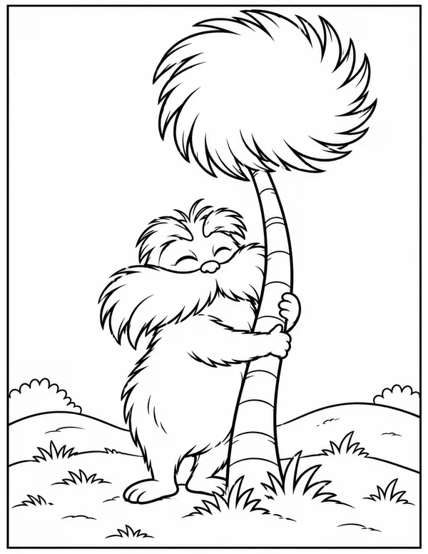 The Lorax hugging a Truffula tree coloring page