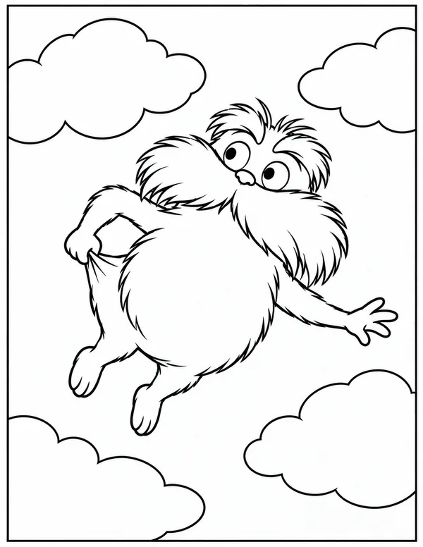 The Lorax lifting himself into the sky coloring page
