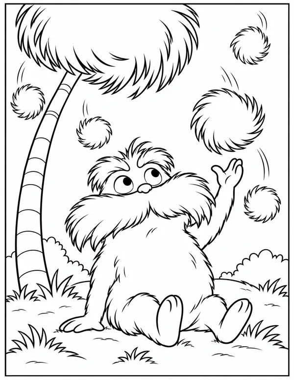 The Lorax under falling Truffula tufts coloring page