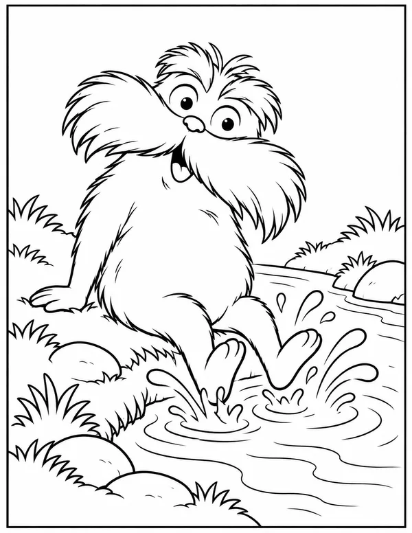 The Lorax splashing in a stream coloring page