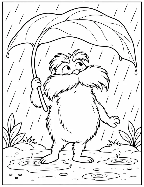 The Lorax with a leaf umbrella coloring page