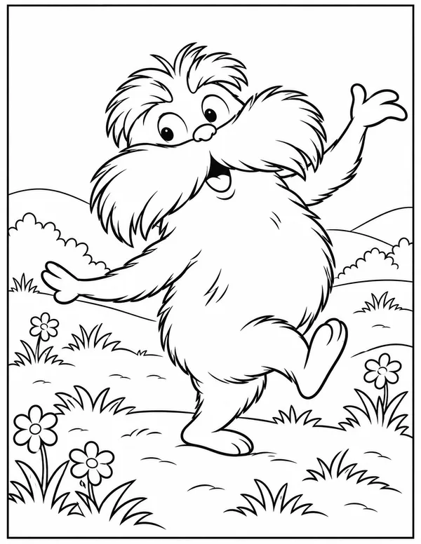 The Lorax dancing in a meadow coloring page